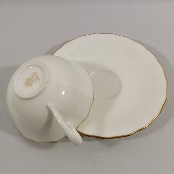 Vintage Noritake Teacup and Saucer Set, Brilliant White Embossed Swirl Gold Trim - Picture 2 of 5